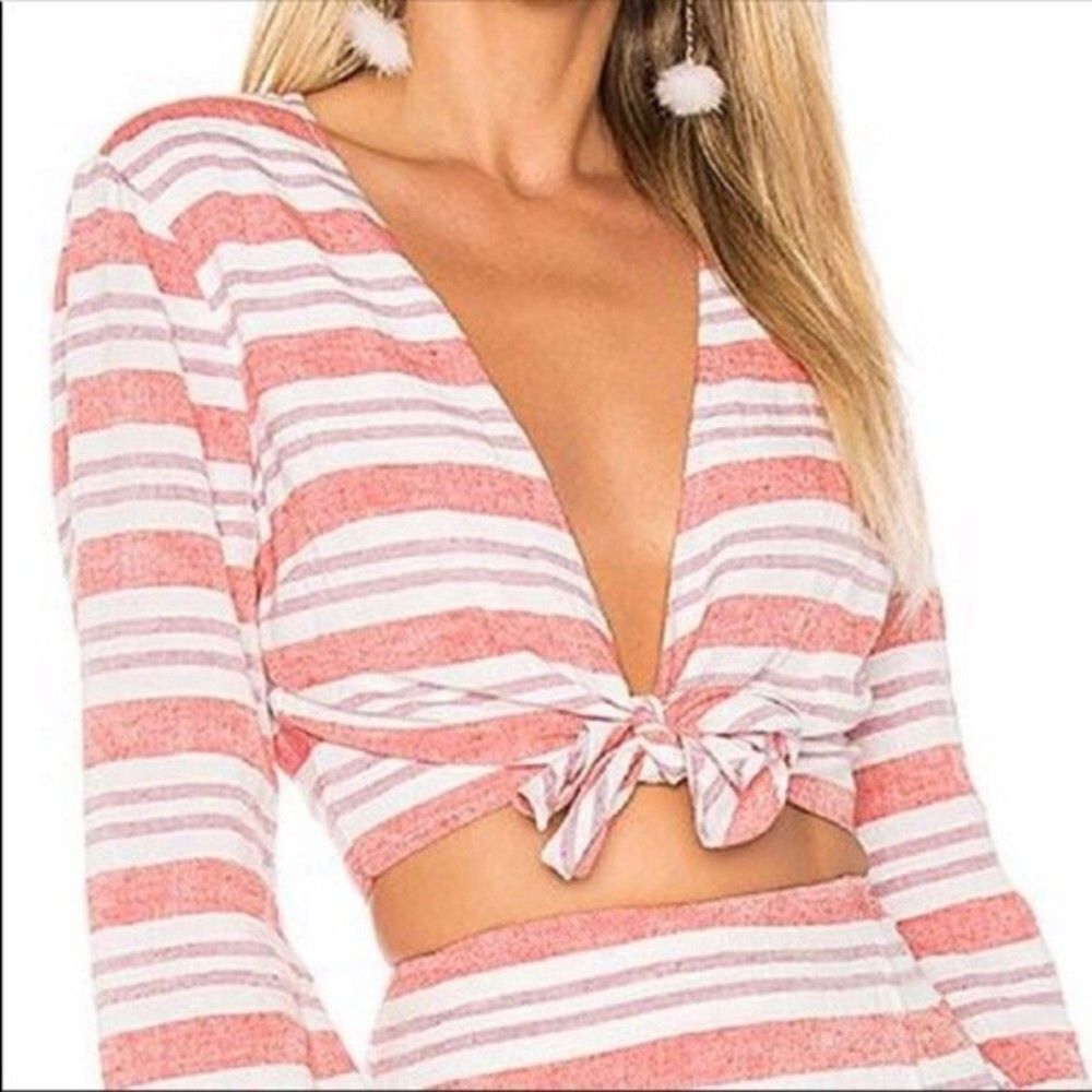 Revolve Lovers+Friends Striped Long Sleeve Tie Hem Crop Top Medium (253)